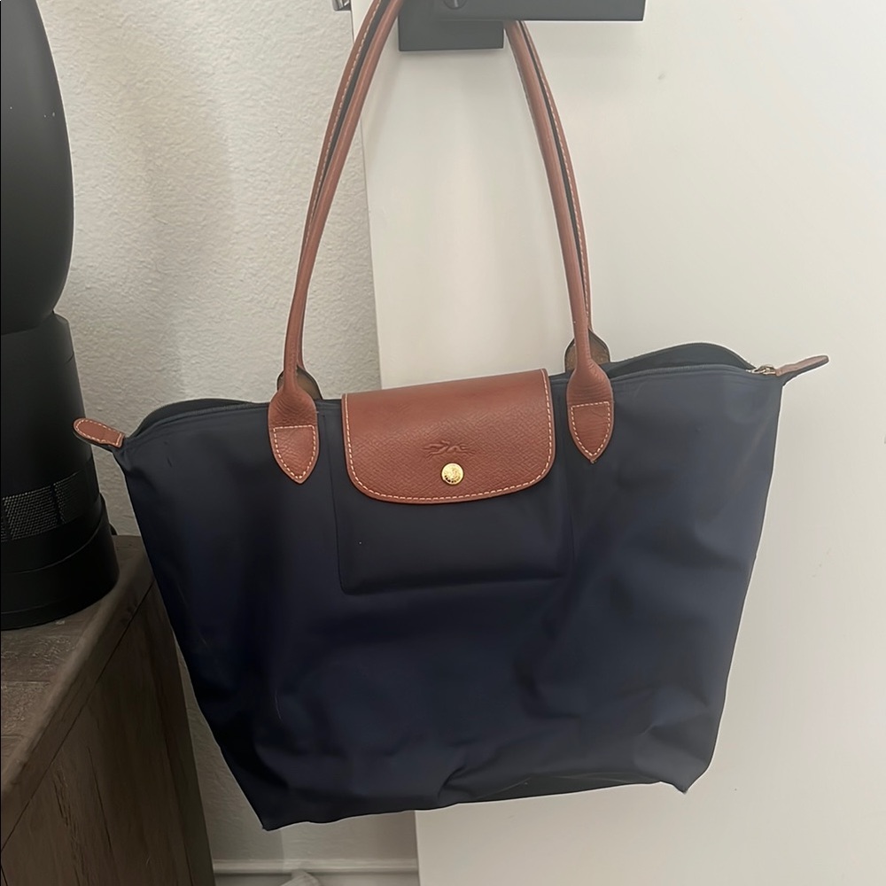 Longchamp Blue and Brown Tote Bag with Leather Accents